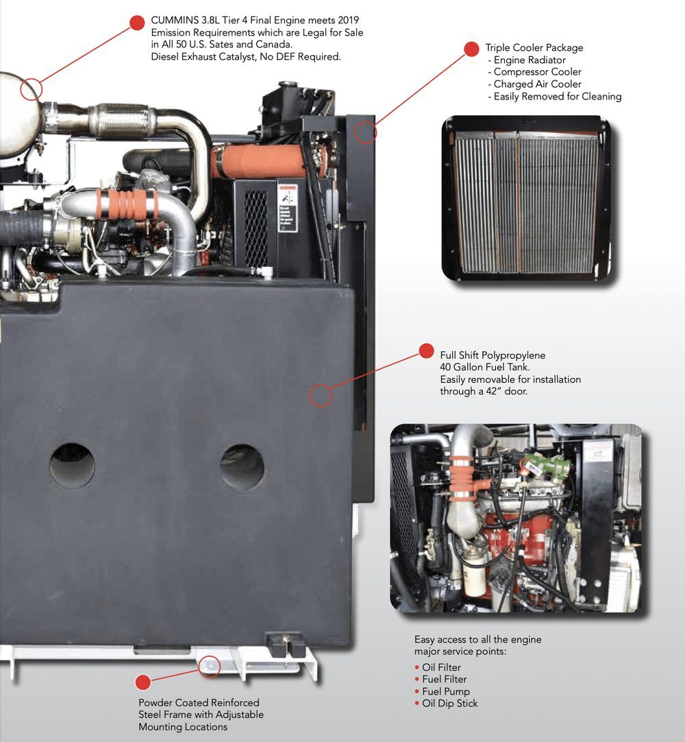 BOSS Air diesel generator with labelled Cummins engine, triple cooler package, fuel tank and service points
