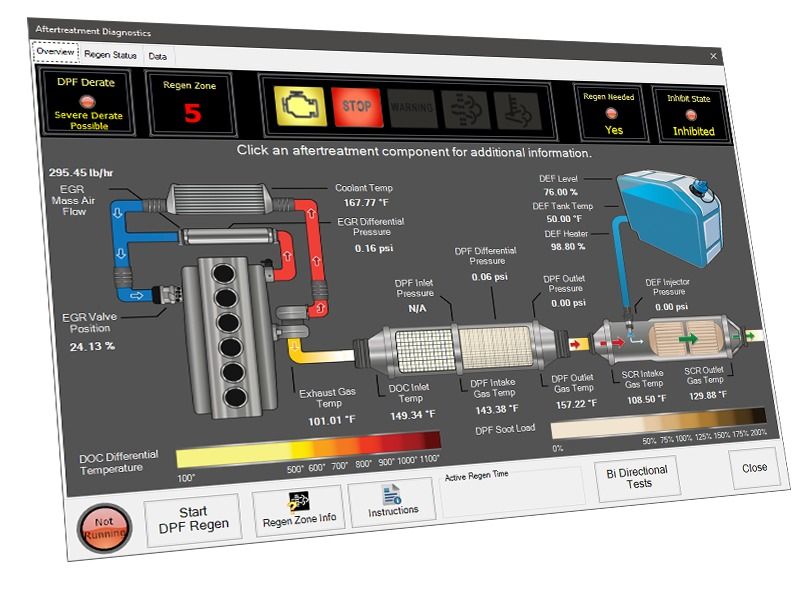 Live aftertreatment diagnostic screen showing DPF regen status, EGR, and DEF readings
