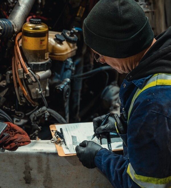 Mach 6 technician documenting an inspection on a clipboard beside an open engine bay